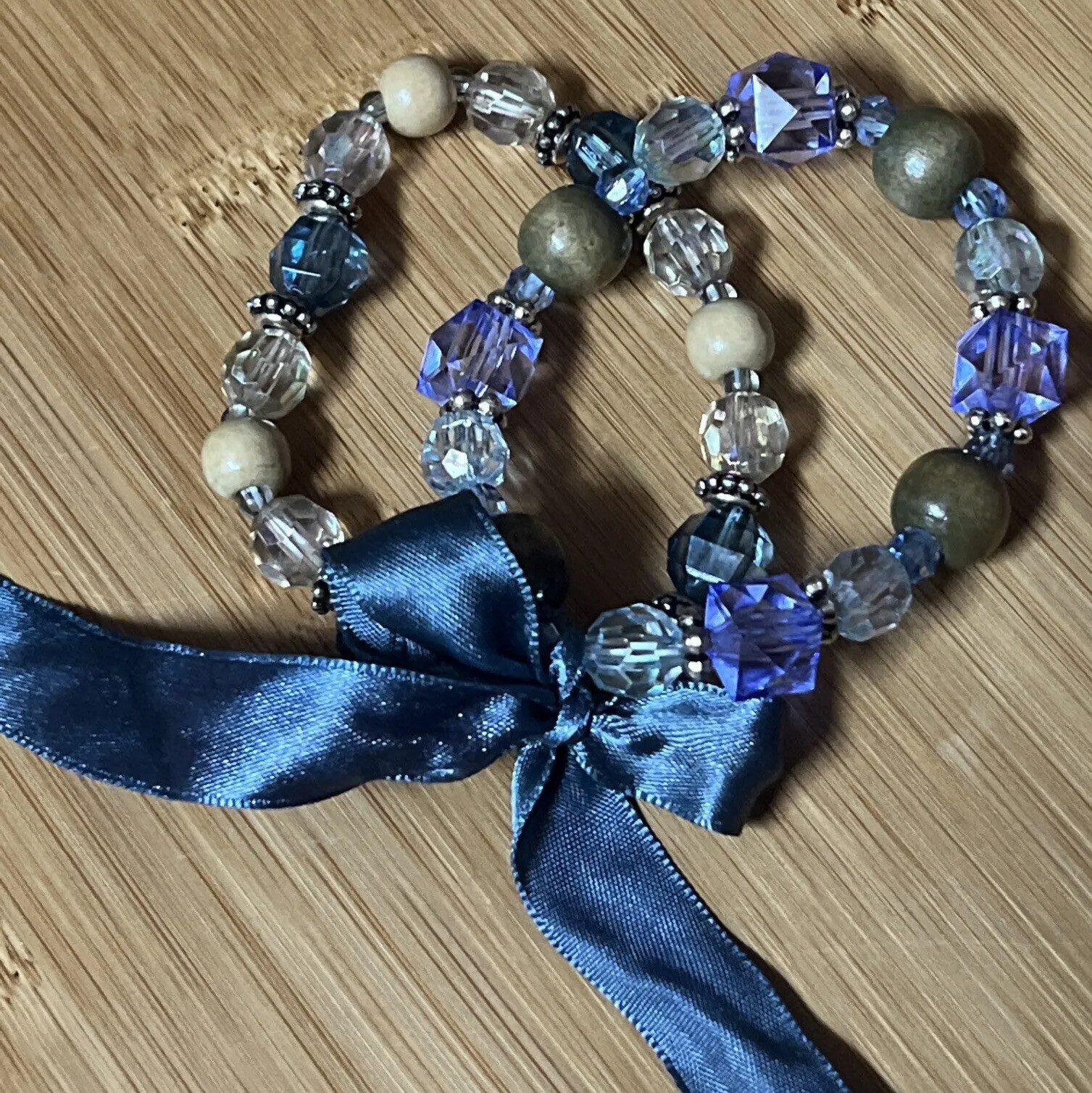 Vintage Light Blue Purple, And Rhinestone Beaded Bracelet Set
