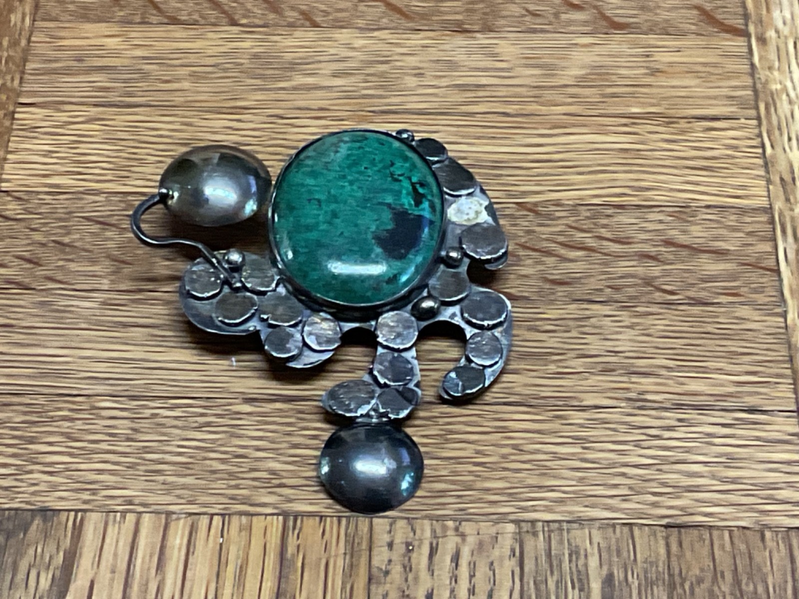 Vintage ISRAEL 925 Sterling Silver Chrysocolla Brutalist Brooch Pendant 44g