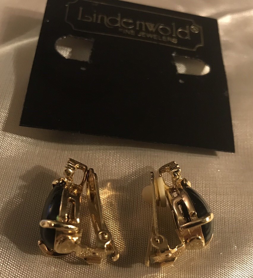 Lindenwold Pear Shape Black Onyx & Swarovski Crystal Clip-on Earrings 14k HGE
