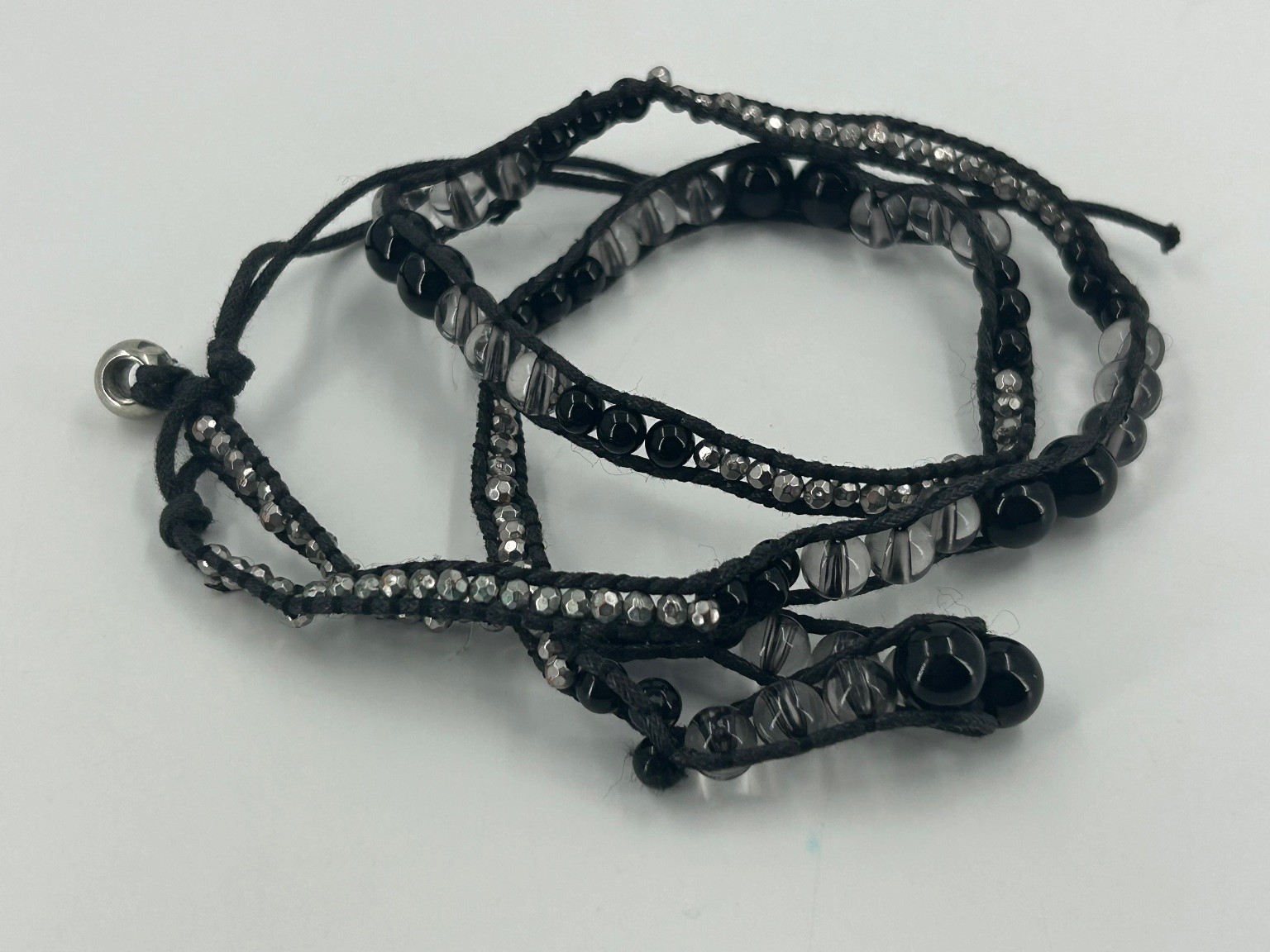 Multi-strand Wrap Bracelet Silver Tone 18″ Black Cord Glass Bead Bell Boho