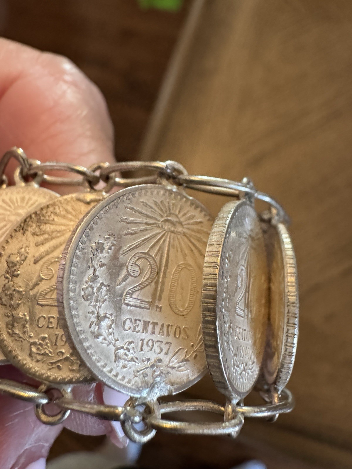 Vintage Mexican 20 Centavos Coin Bar Link Chain Bracelet ~ Silver ~ 7 in