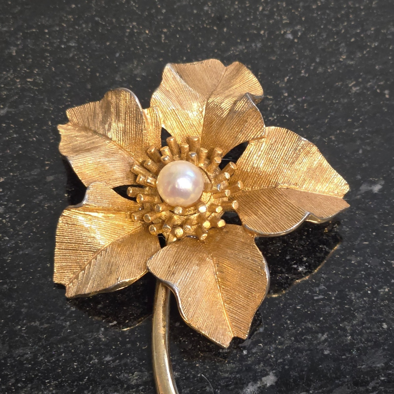 Vintage MARCEL BOUCHER Brooch with Pearl Gold Tone Flower 1960s Jewelry signed