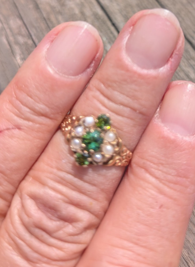 9 k rose gold Victorian ring with 3 green tourmaline and seed pearls sz6