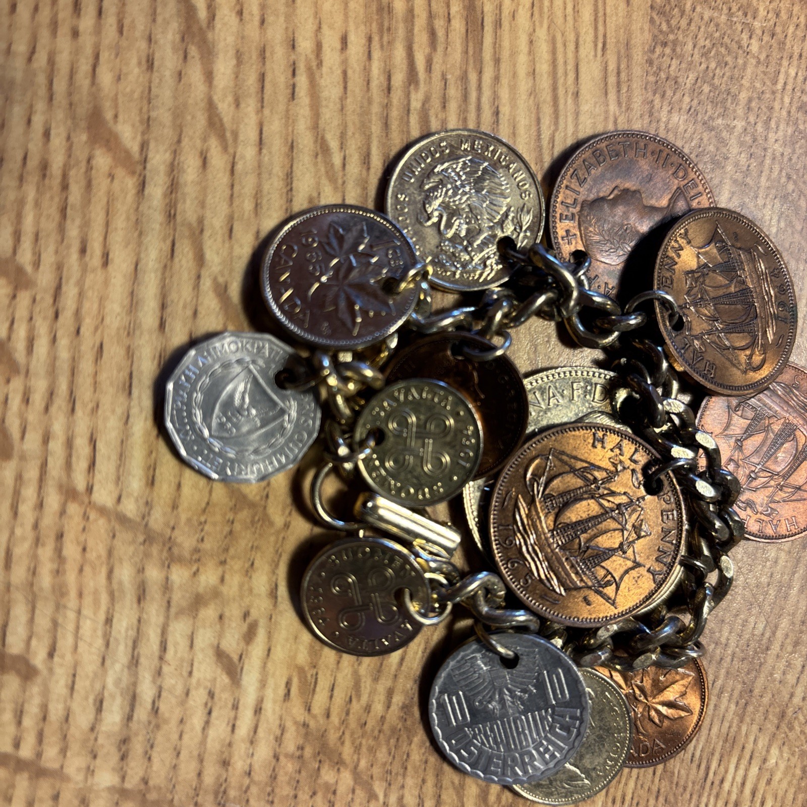 Vintage 15 xx World Coin Charm Bracelet – Mixed Foreign Coins on Gold Tone Chain