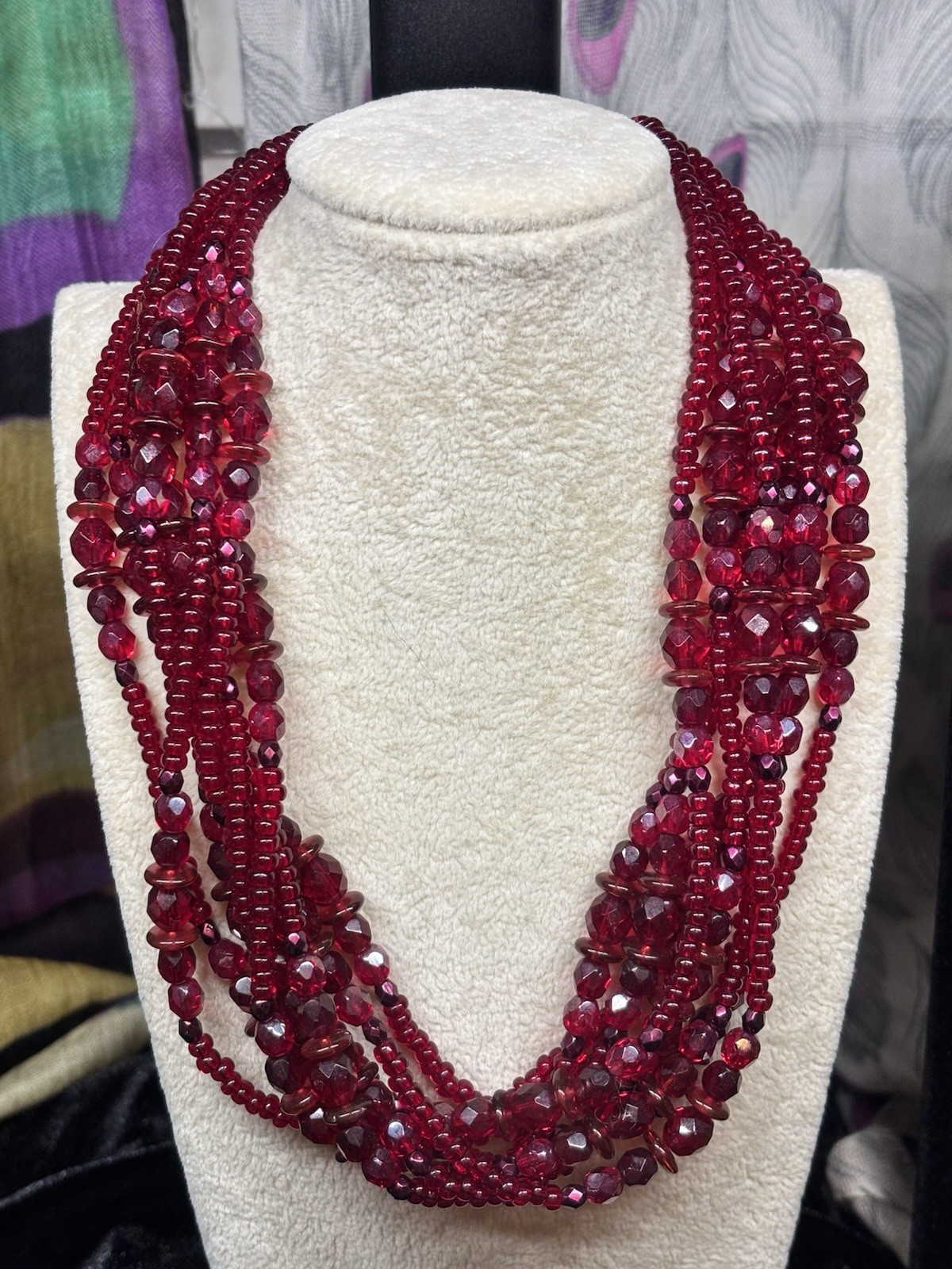 Vintage Lovely Ruby Red Crystal Glass Beads 8 Strand Necklace Adj 16-18 “