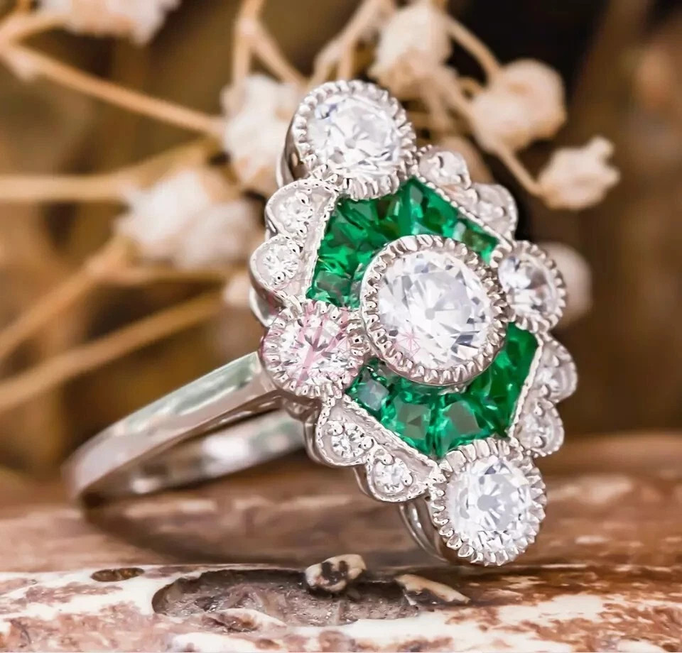 3.2Ct Art Deco Style Round Lab Created Diamond Emerald 925 Silver Wedding Ring