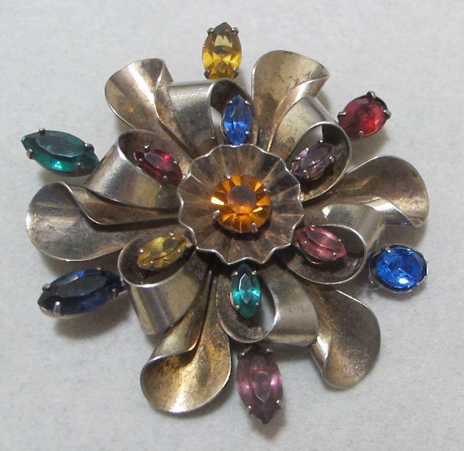 Vtg 2-3/8” Gold-Plated Sterling Layered Brooch Multi Color Rhinestones 30 Grams