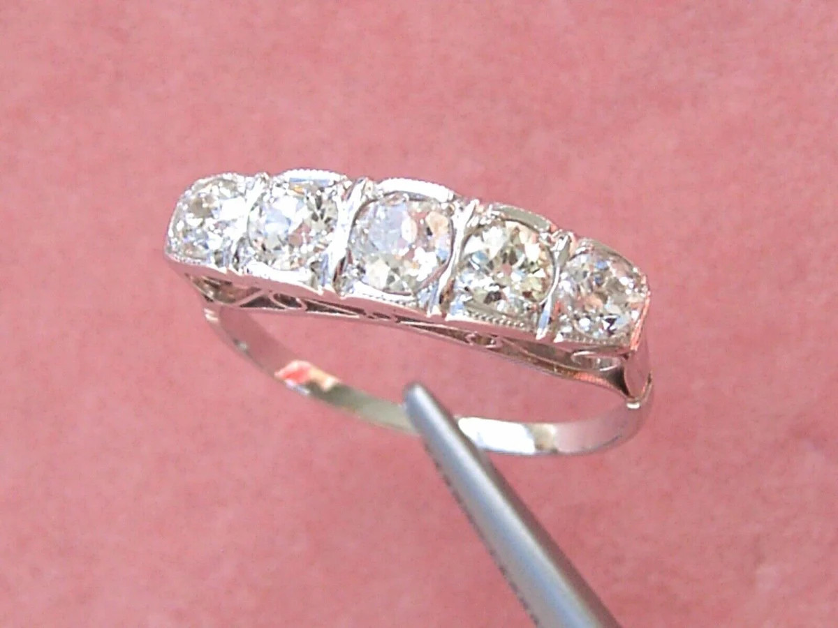 Five Stone 1 CTW White Round Simulated Diamond Antique Art Deco 925 Silver Ring