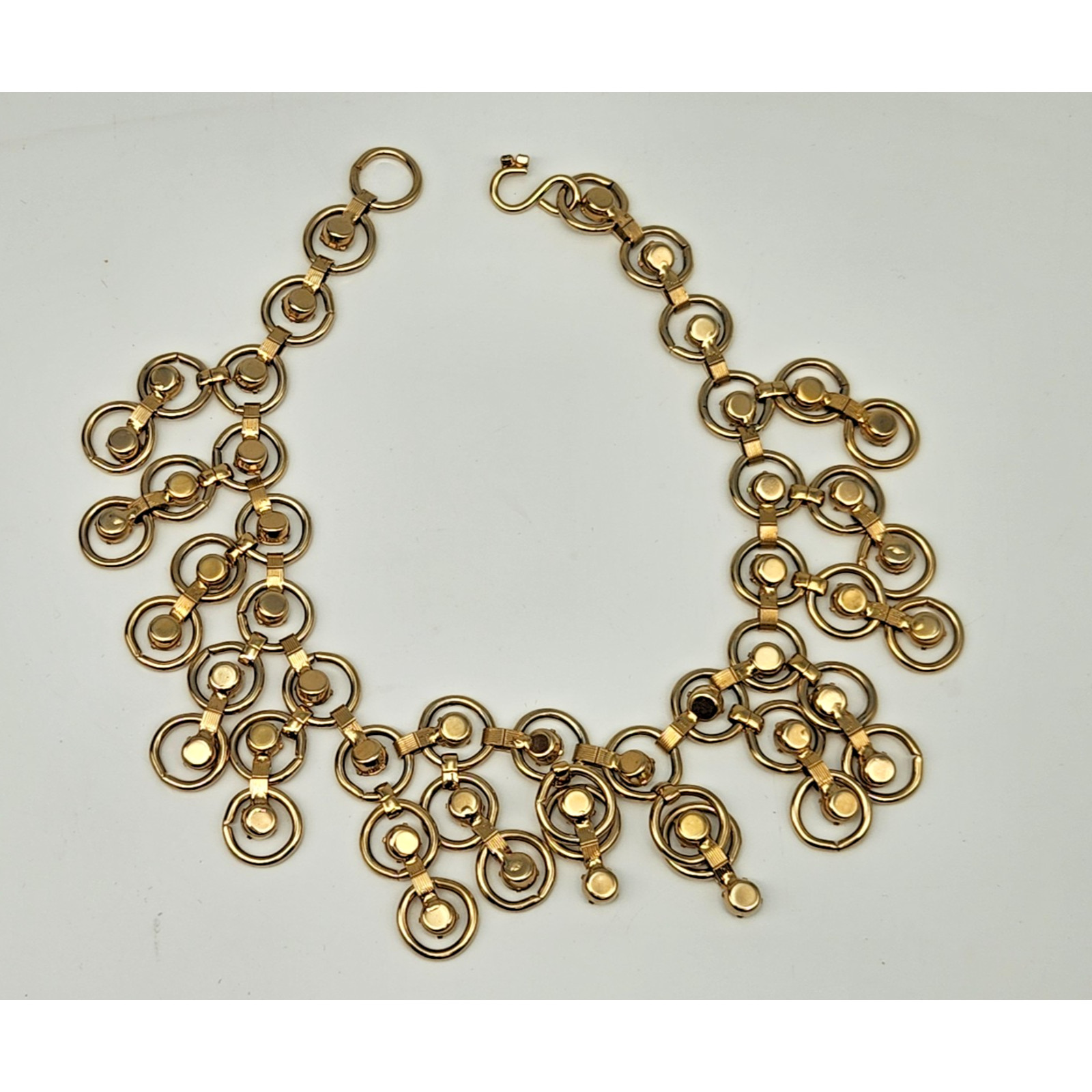 Vintage Statement Gold Circle Link Rhinestone Bib Festoon Collar Necklace