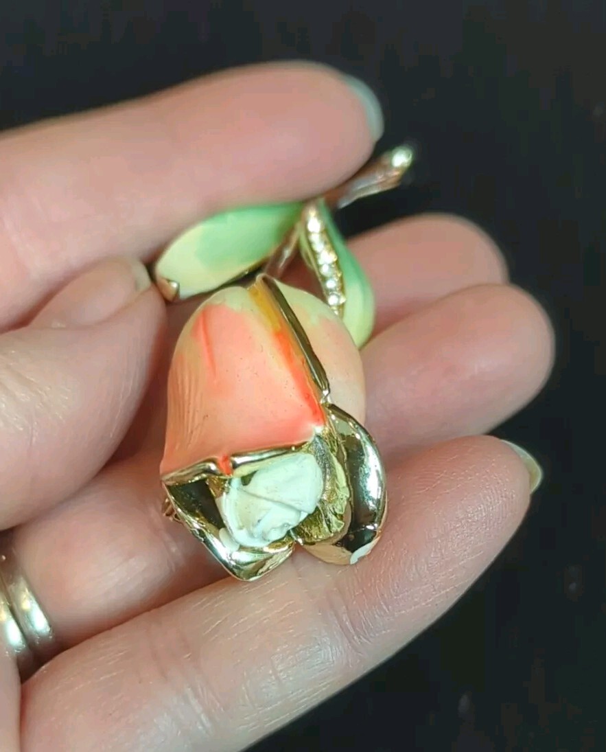 Vtg BSK Enamel Flower Brooch Pin W/ Rhinestones Rose Bud Peach MCM