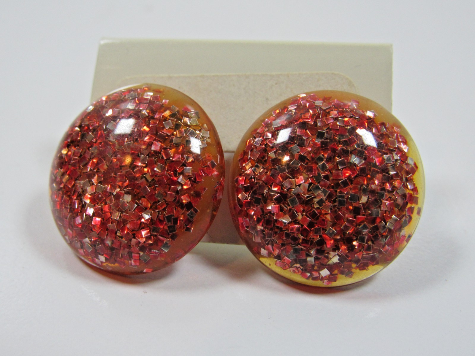 Vintage Round Stud Earrings Pink Glitter Costume Estate Jewelry #J