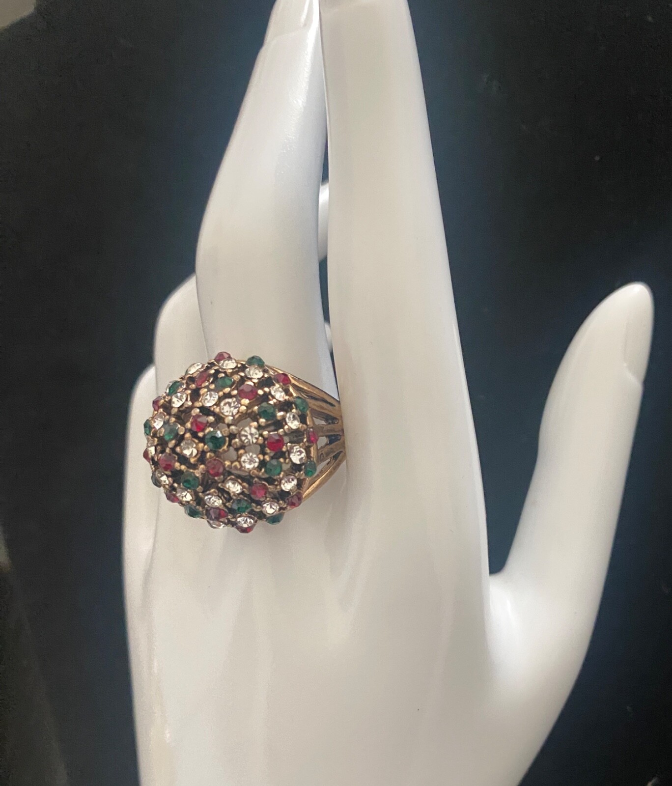 Ring Gold Tone Red Green Rhinestone Large statement Cocktail MCM Sz 9