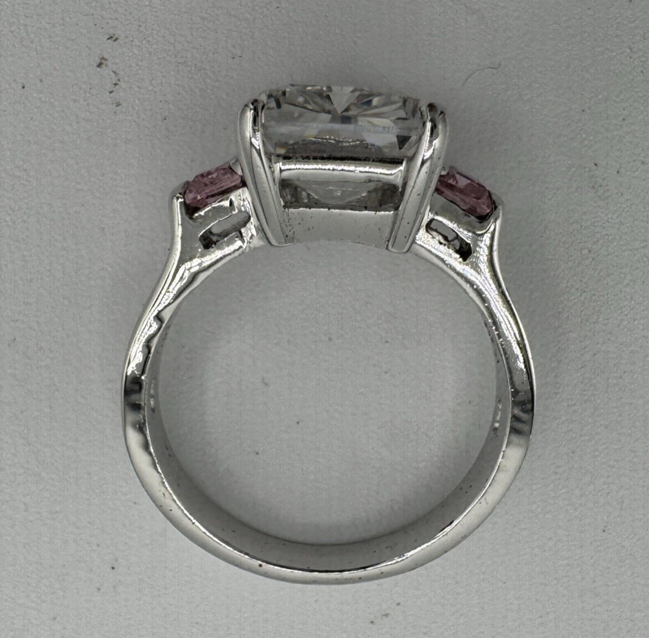 Vtg Hollywood Collection Ring Size 9 Clear CZ w/ Pink CZ Side Stones Silver 925