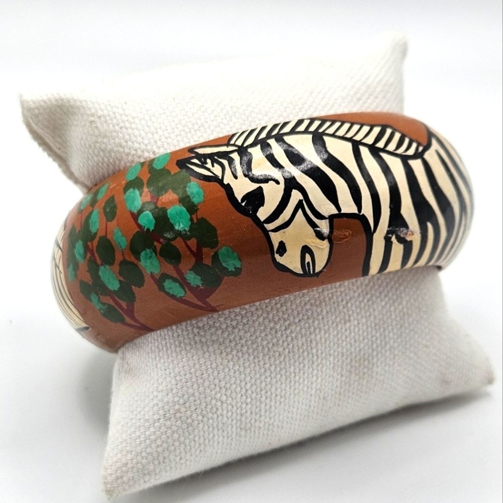 VINTAGE Hand-Painted Safari Zebra Wooden Wood Bangle Bracelet