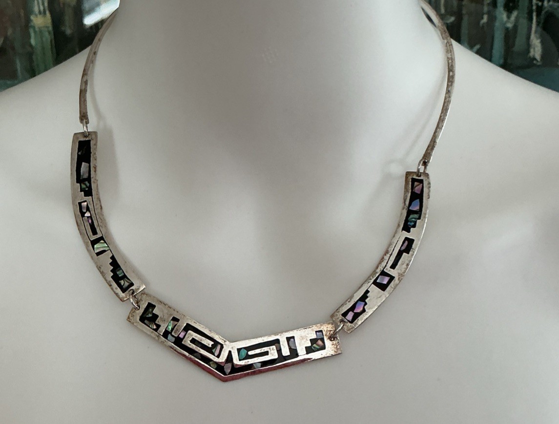 Vintage Alpaca Silver Mexico collar necklace with abalone shell inlay 16.5 in