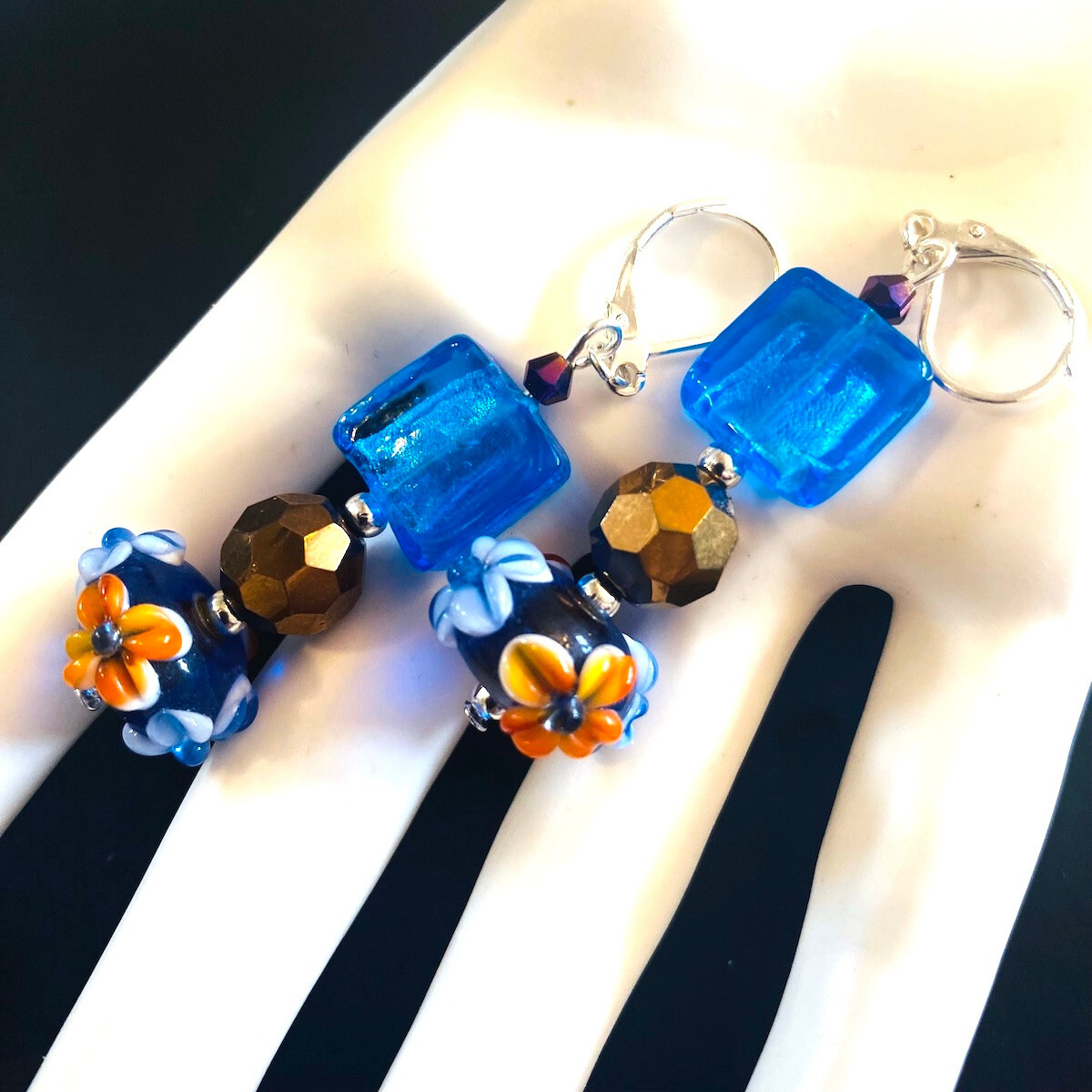 Artist-made EARRINGS Lamp-work Sterling Floral Lamp-work OOK New Dangler