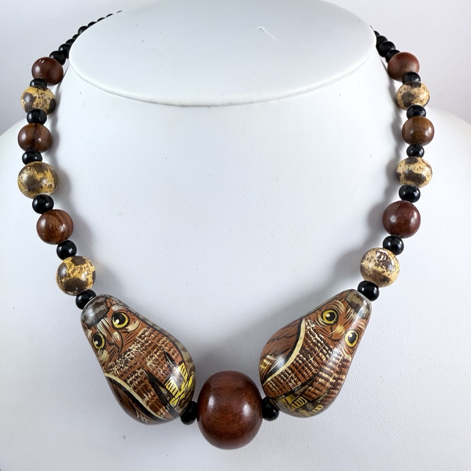 Vintage Hand Painted Owl Wood Beaded & Black Glass Necklace 18″