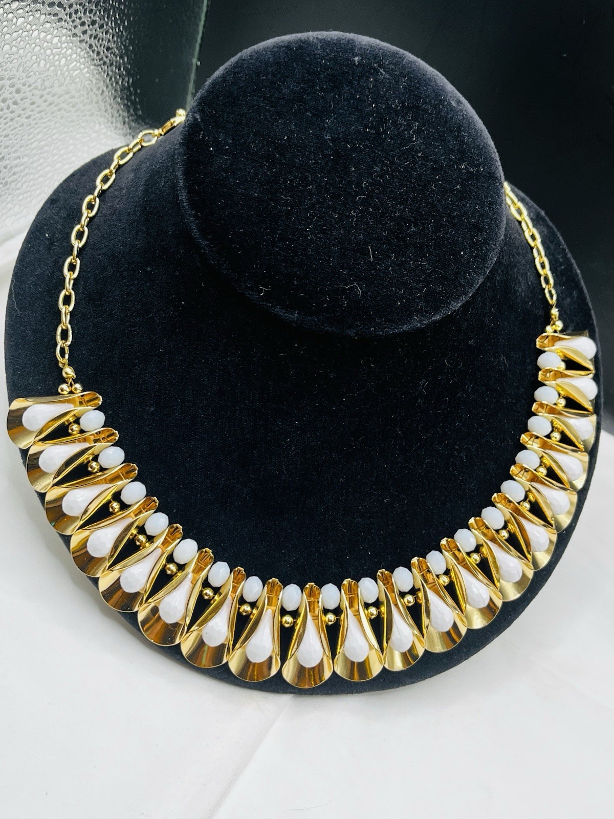 Miriam Haskell Faceted White Beaded Fluted Gold Tone Statement Collar Necklace