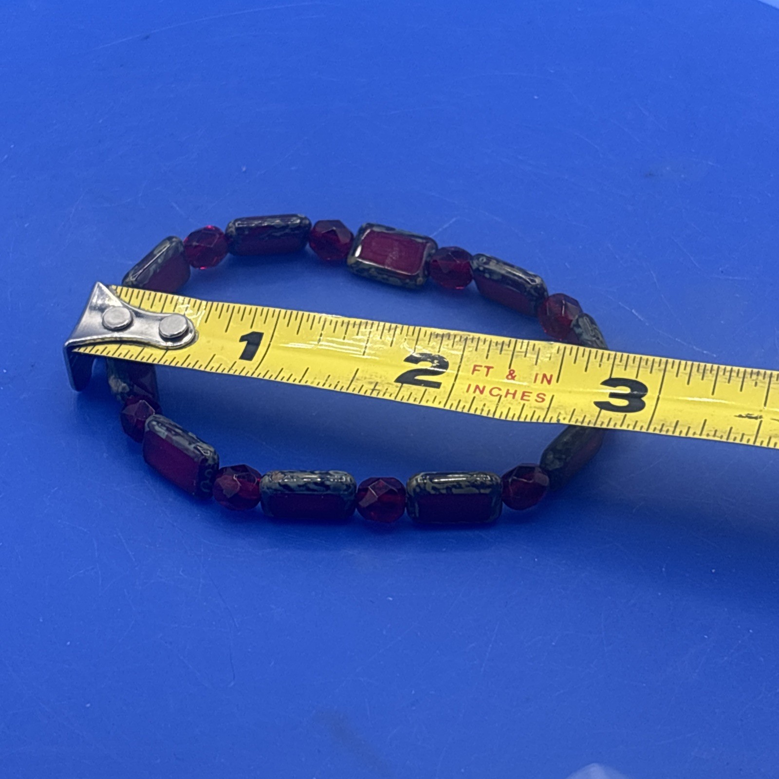 Vtg Red Glass Stretch Bracelet Faceted Beads Painted Earthy Rectangular Accents