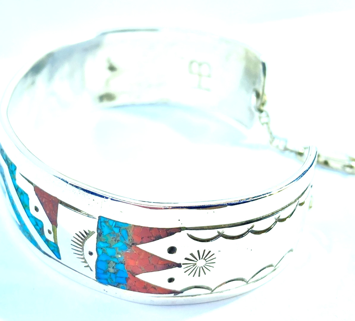 Sterling Native American Henry Baca Inlaid Turquoise & Coral Cuff 2 3/8″