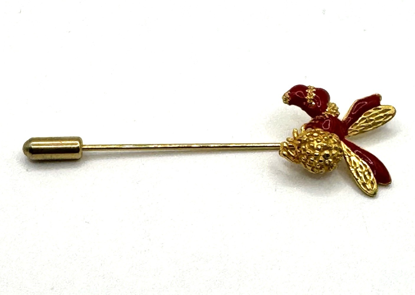 Vintage Gold & Red Bee Stick Pin Brooch Enamel Finish Insect Design Lapel Access