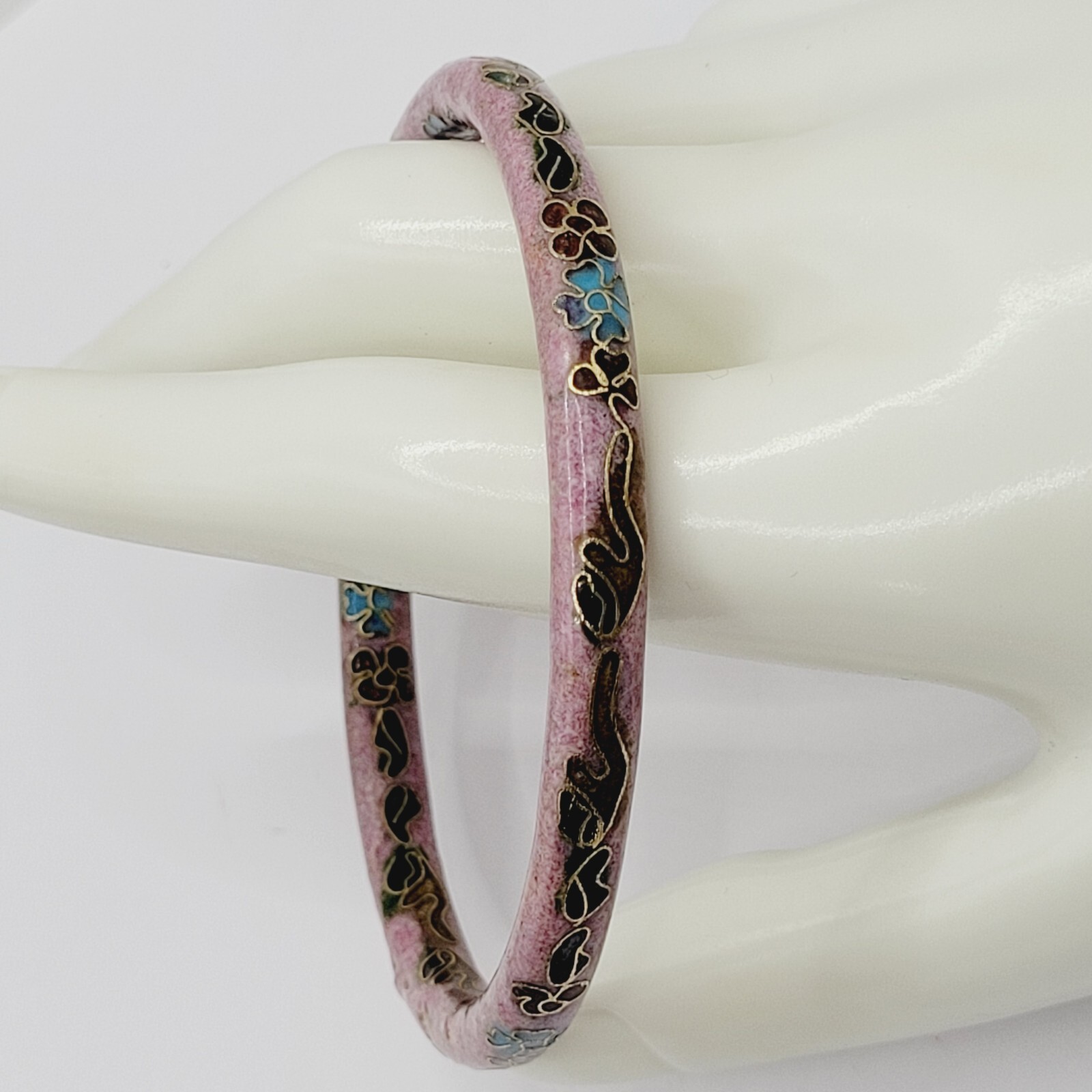 Cloisonné Asian Inspired Rose Mauve Color Floral Hand Painted Bangle Bracelet