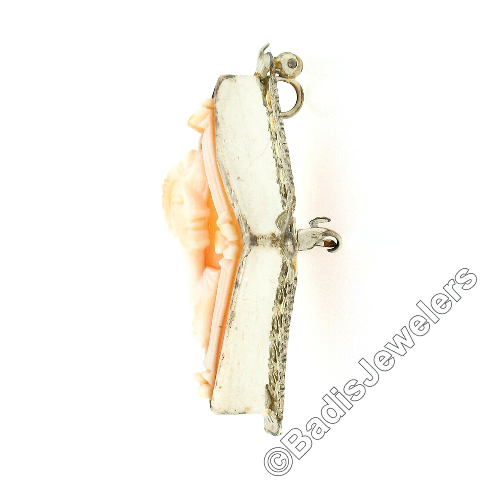 Vintage 14K White Gold Carved Shell Cameo Floral Filigree Lozenge Brooch Pendant