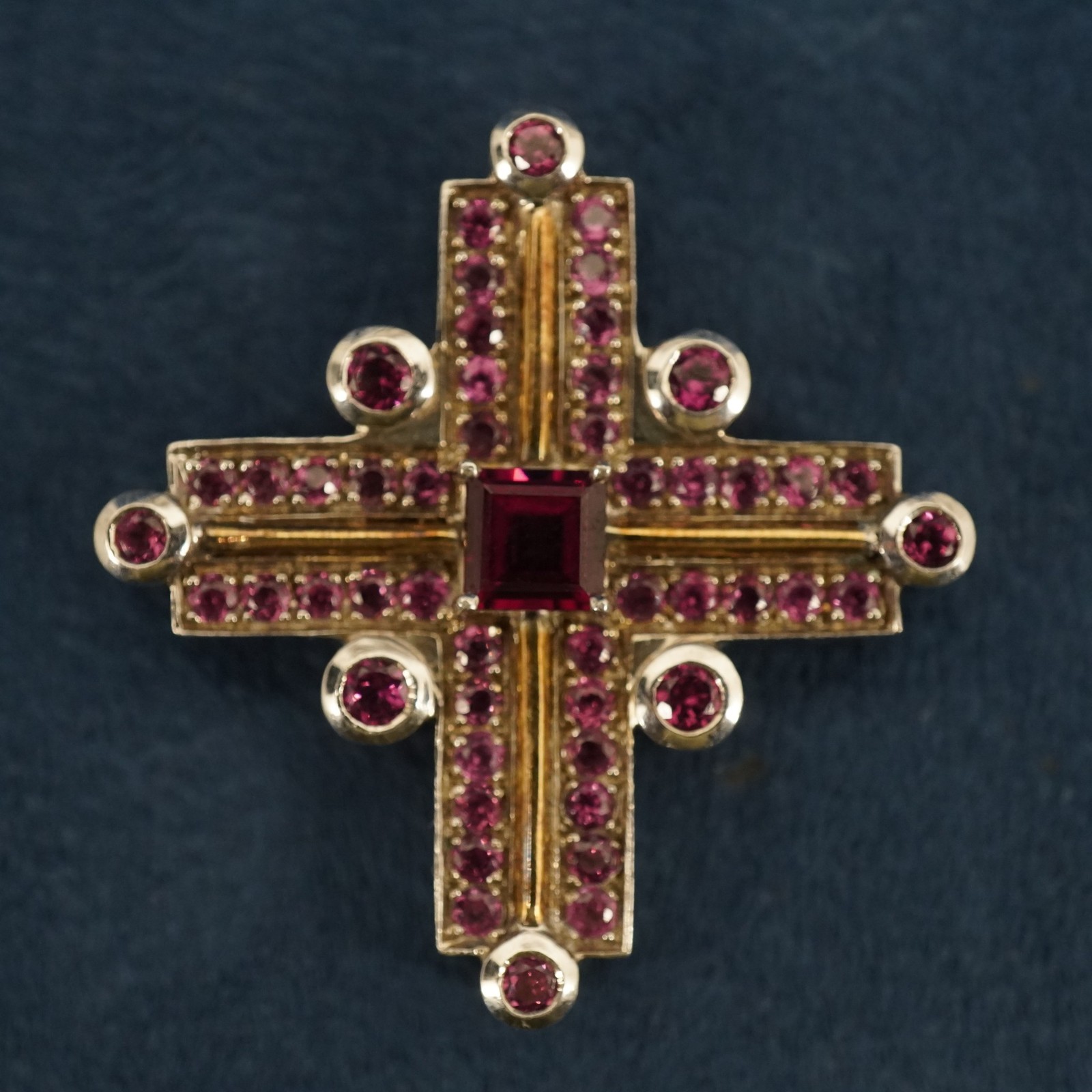 18k Yellow Gold Sterling Silver Pink Stone Square Cross Pendant- Free Ship USA