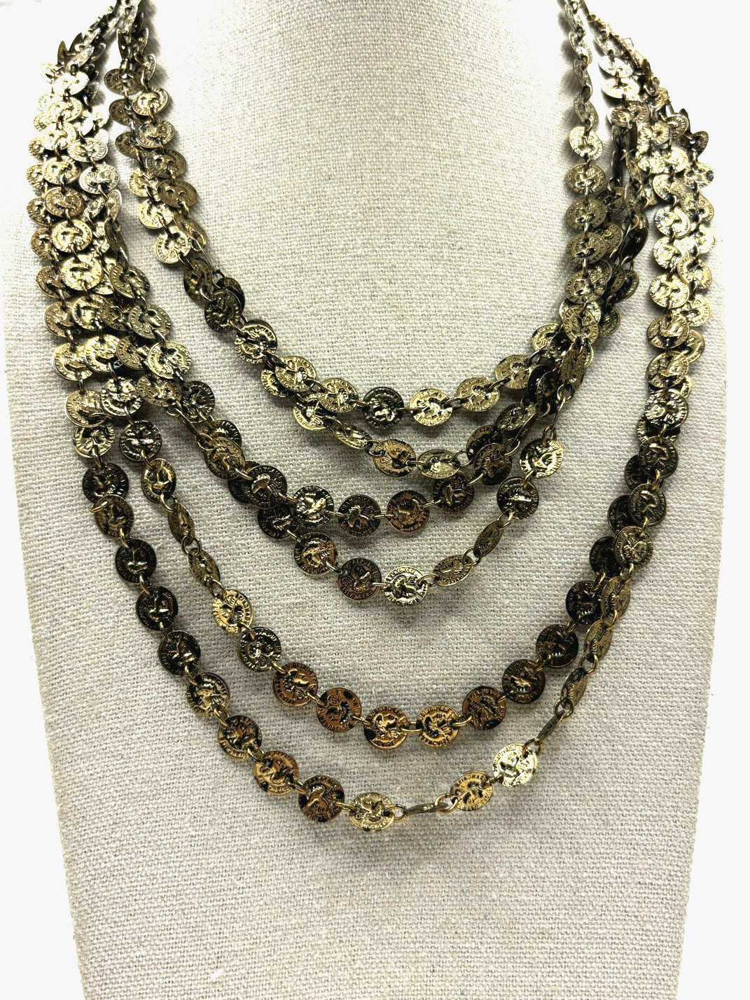 Vintage Mini Republic Of France Coin Link Multi Chain Gold Tone Layered Necklace