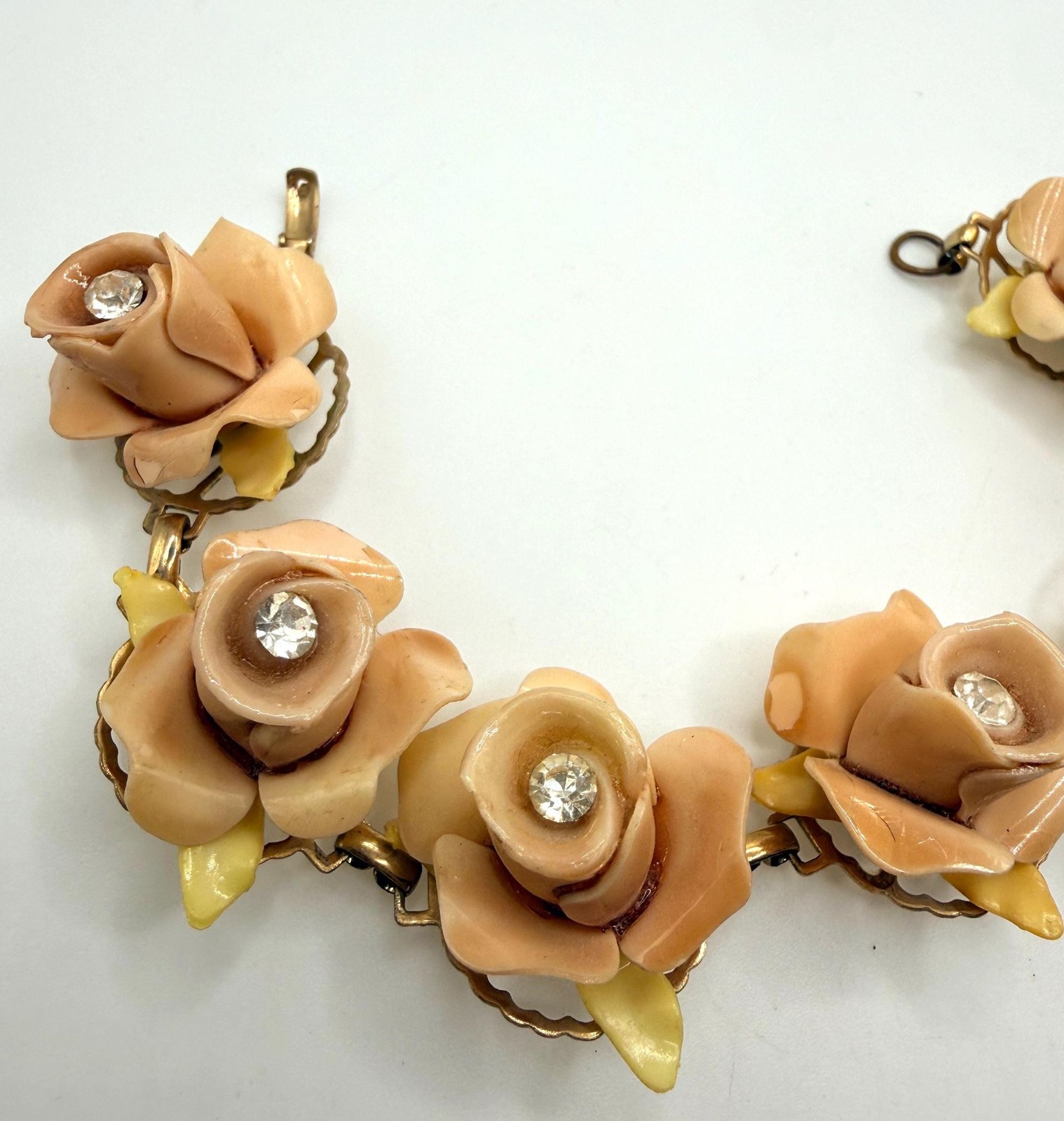 Vintage muted pink celluloid rose rhinestone bracelet