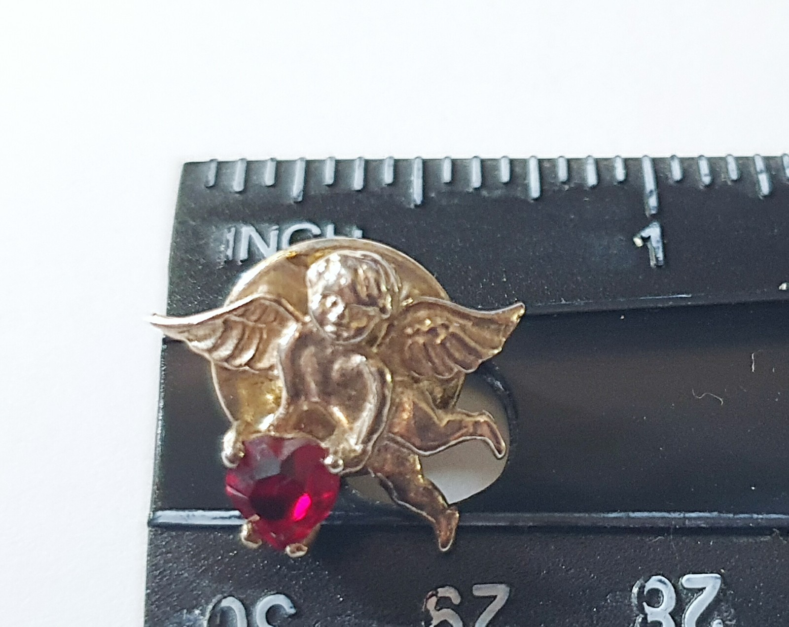 Vintage 925 Sterling Silver & Ruby 3/4″ Cherub/Guardian Angel Heart Lapel Pin