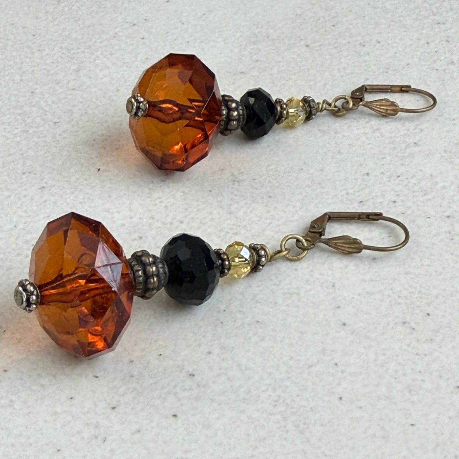 Vintage Chunky Bead Chandelier Dangle Earrings 90s Crystal Acrylic Bronze Black