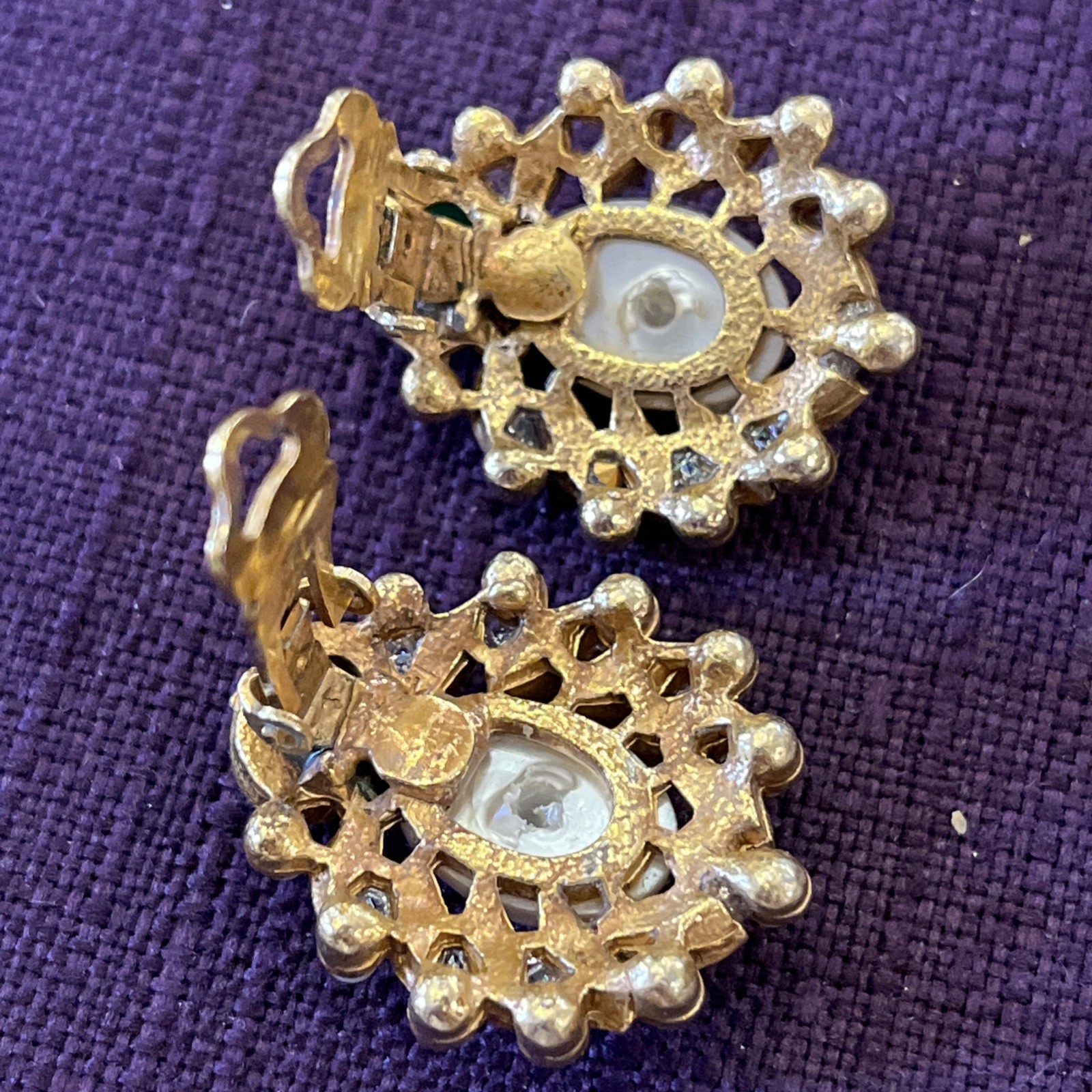 Vintage Faux Mabe & Many Pearls Green Glass Gripoix Cabochon Clip On Earrings