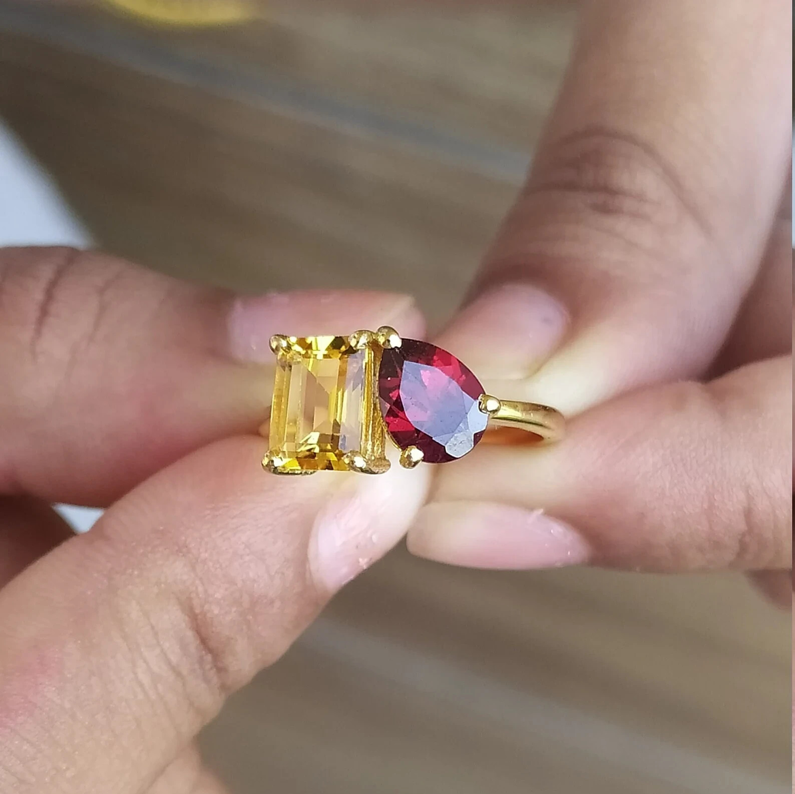 14K White Gold Plated Emerald and Pear Cut Lab Created Citrine & Garnet Ring
