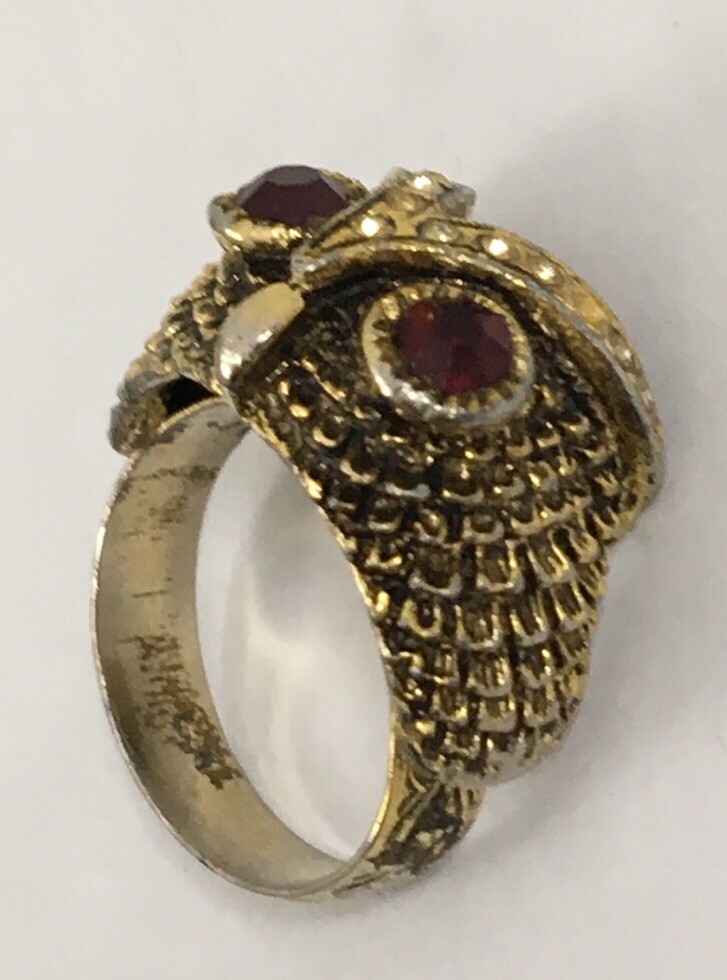 Owls Head Ring Red Eyes Golden US Size 7 17.5 MM Wrap Adjustable Vintage