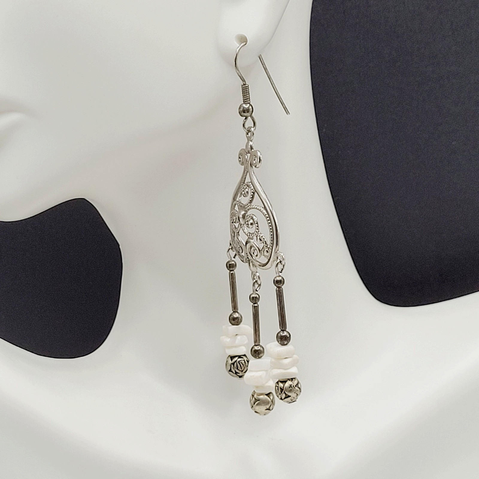 Southwestern Style Chandelier Silver Tone White Howlite Bead Pierced Earrings