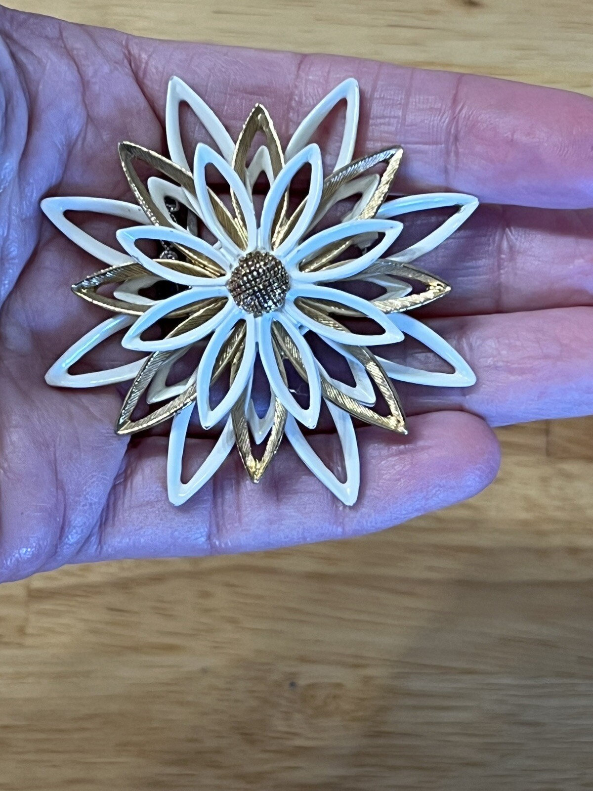 Flower Brooch Vintage Gold And White Enamel On Metal Flower Pin Signed Art