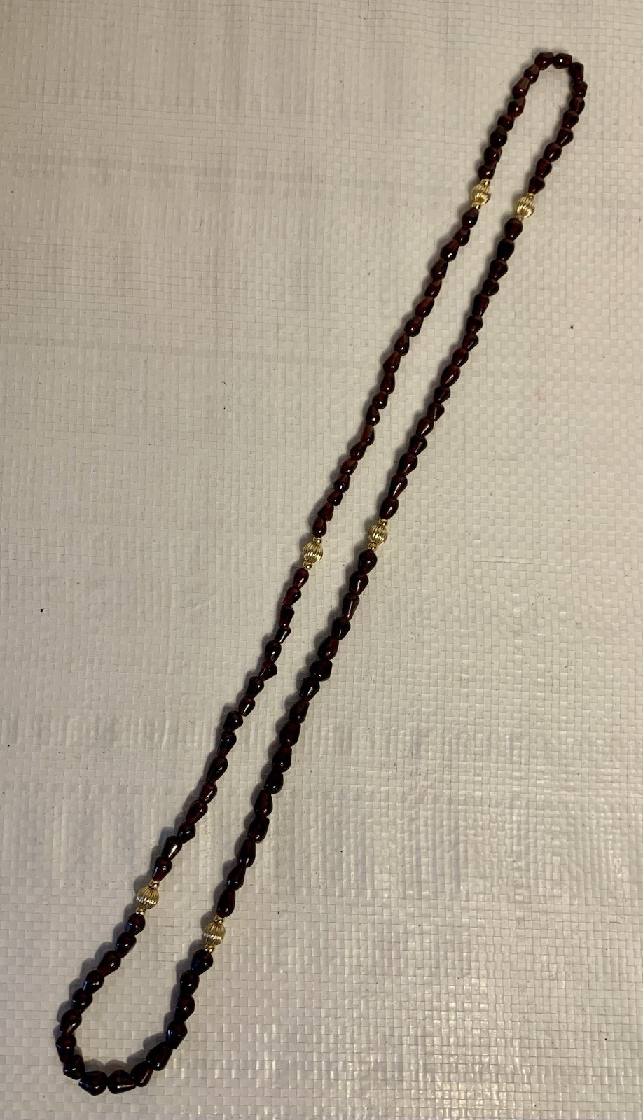 Vintage Dark Red Garnet Beaded Necklace With Gold Plated Accent Beads, 30” L
