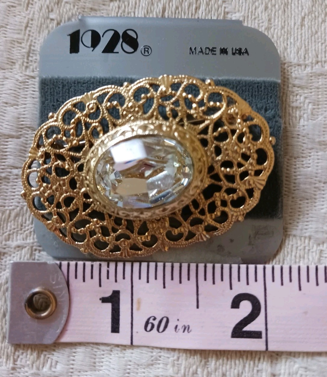 1928 Vintage 1980s Brooch Pin Large Sparkly Center Clear Stone Filigree Surround