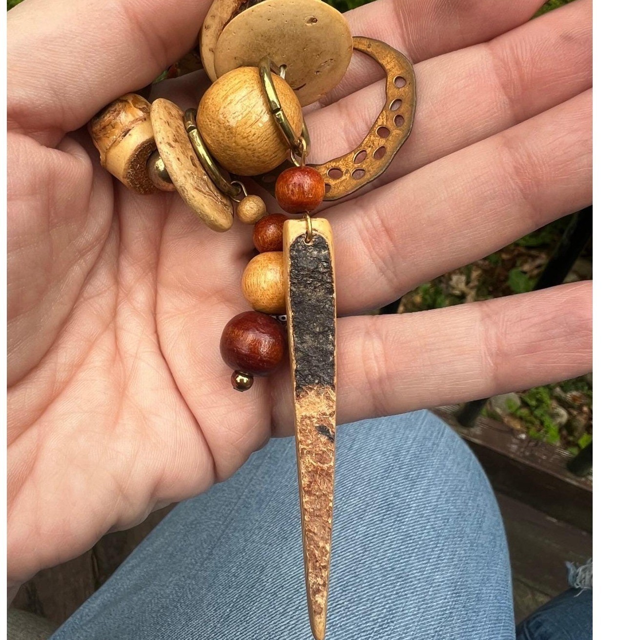Vtg Boho Wood Beaded Statement Necklace Spike Crescent Charm Earthy Tribal 90s