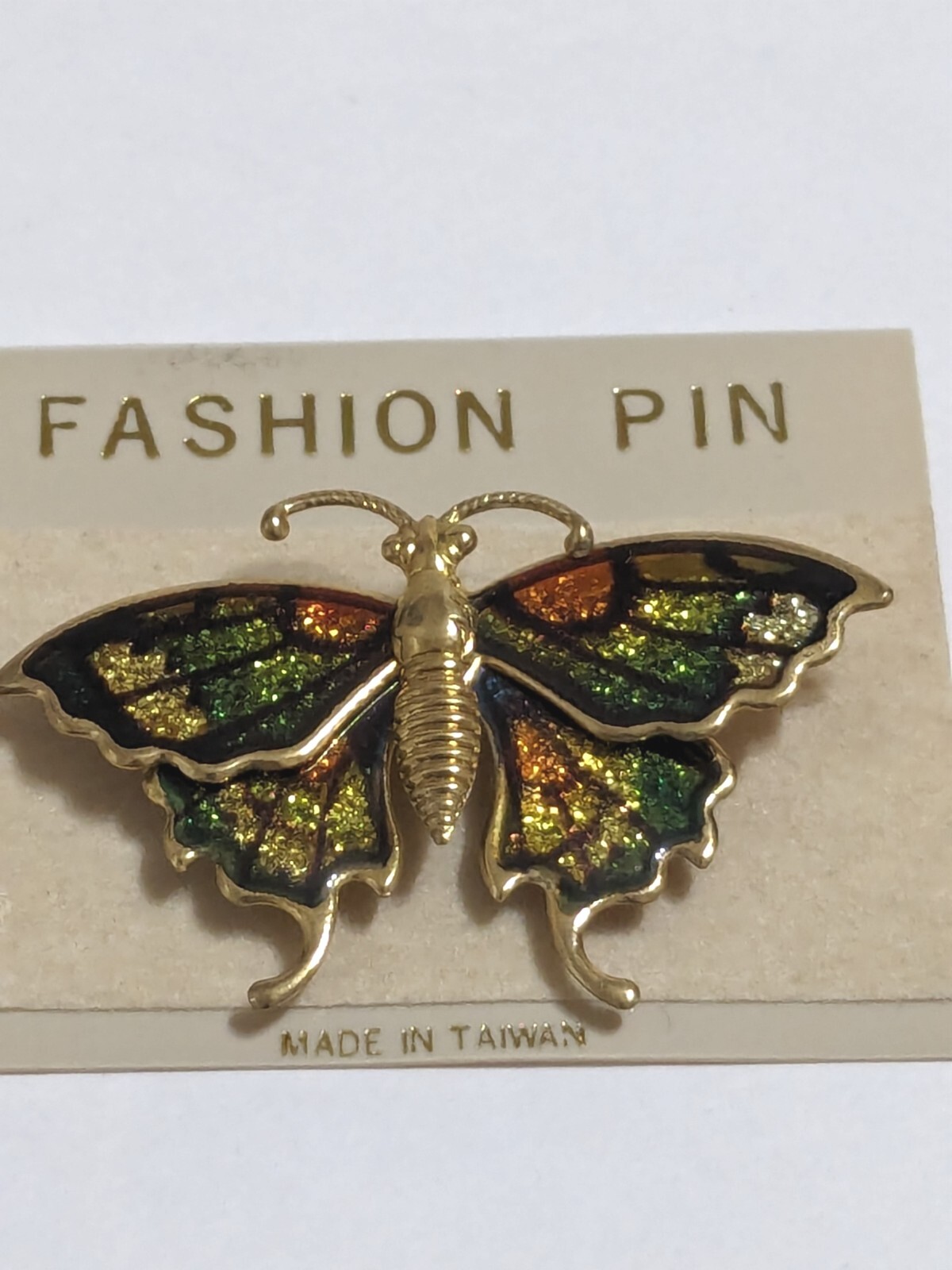 Gold Tone Multi Colored Butterfly Brooch. New. Gold, Brown & Green With Glitter