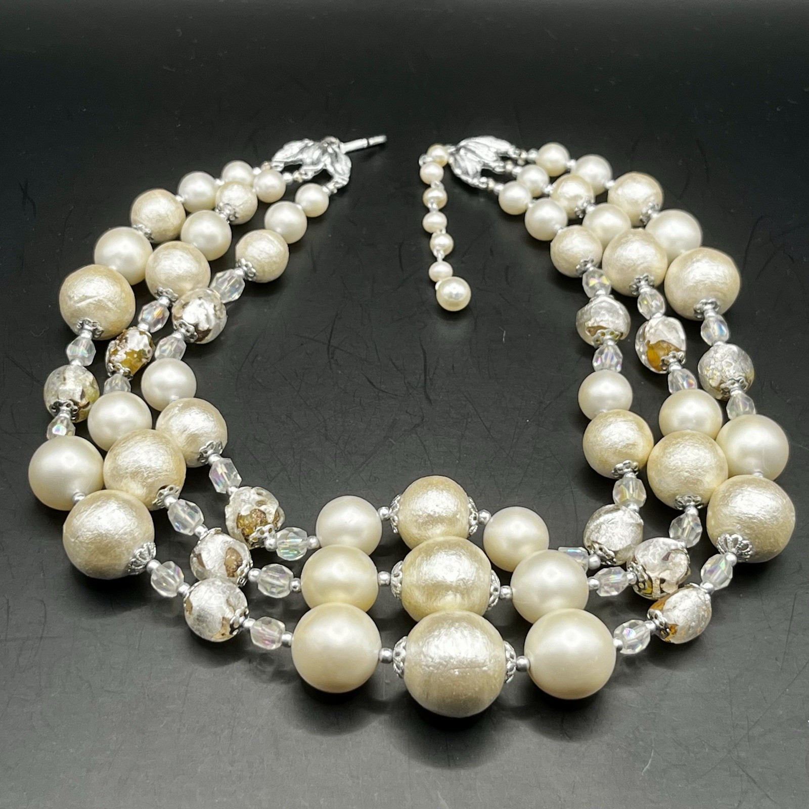 Vintage Japan Necklace Faux Pearls AB Beads Graduated Triple Strand *READ NOTES