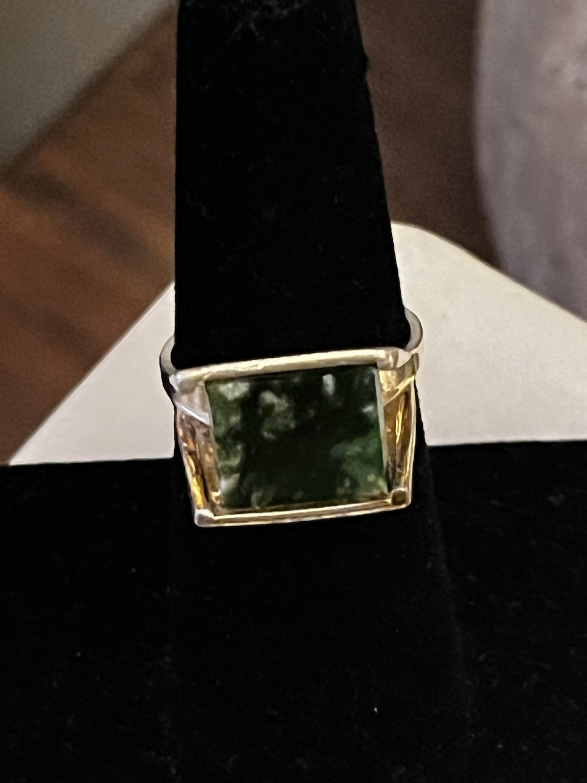 10 K GF Square Green Moss Agate Ring Size 7