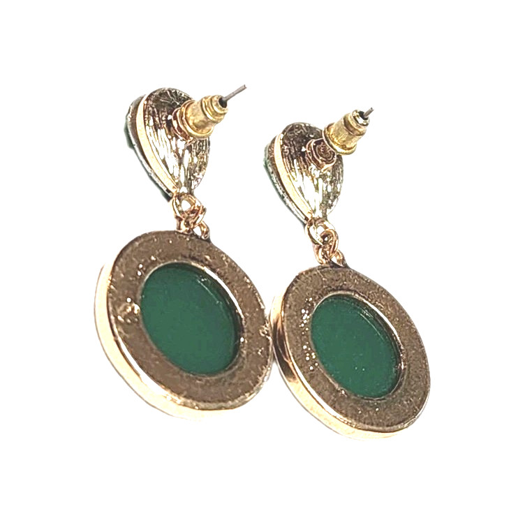 Vintage Green Faux Stone Rhinestone Gold Tone Dangle Earrings Teardrop Round GUC