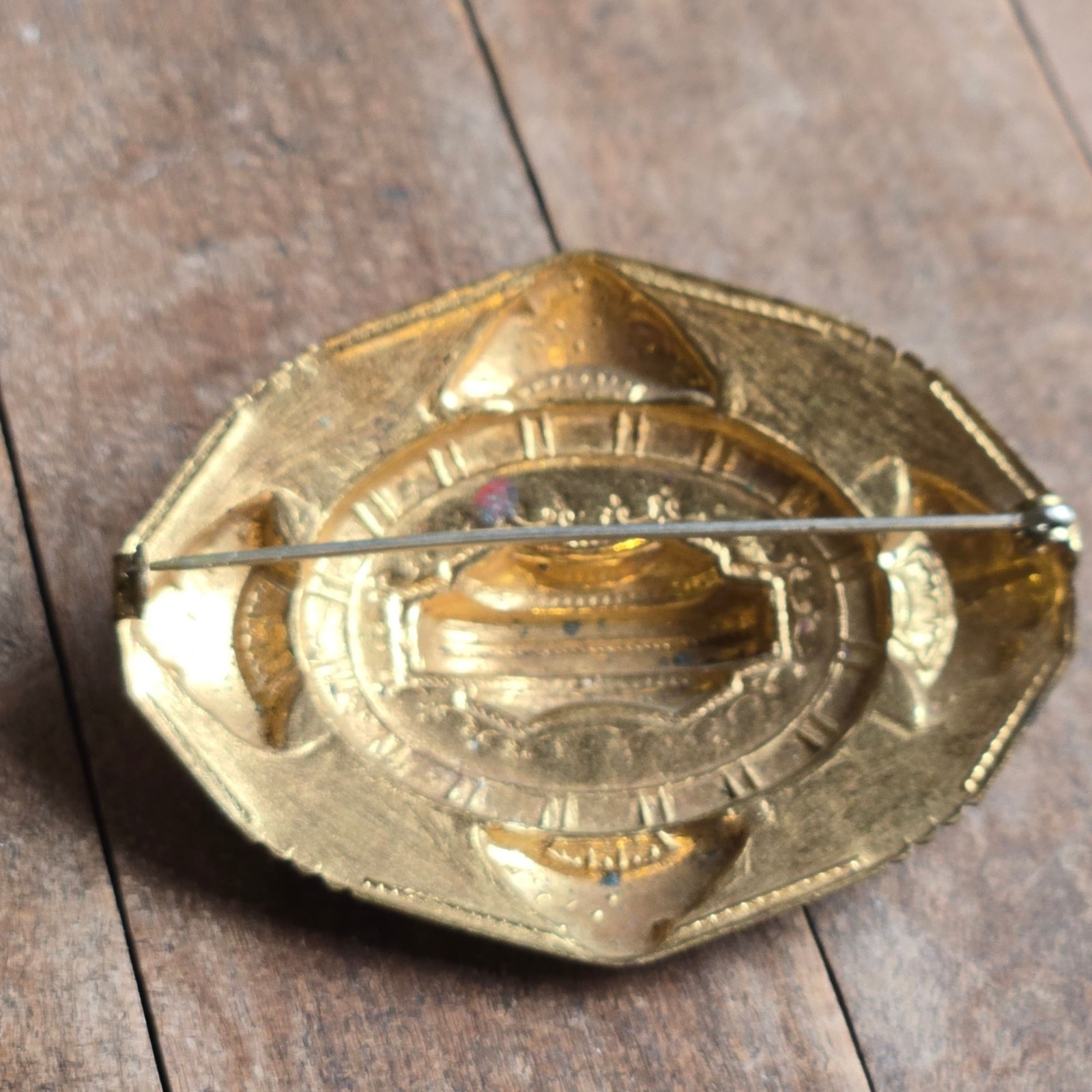 Antique Victorian Revival Gold Tone Ornate Brooch Eastlake Style Statement Pin