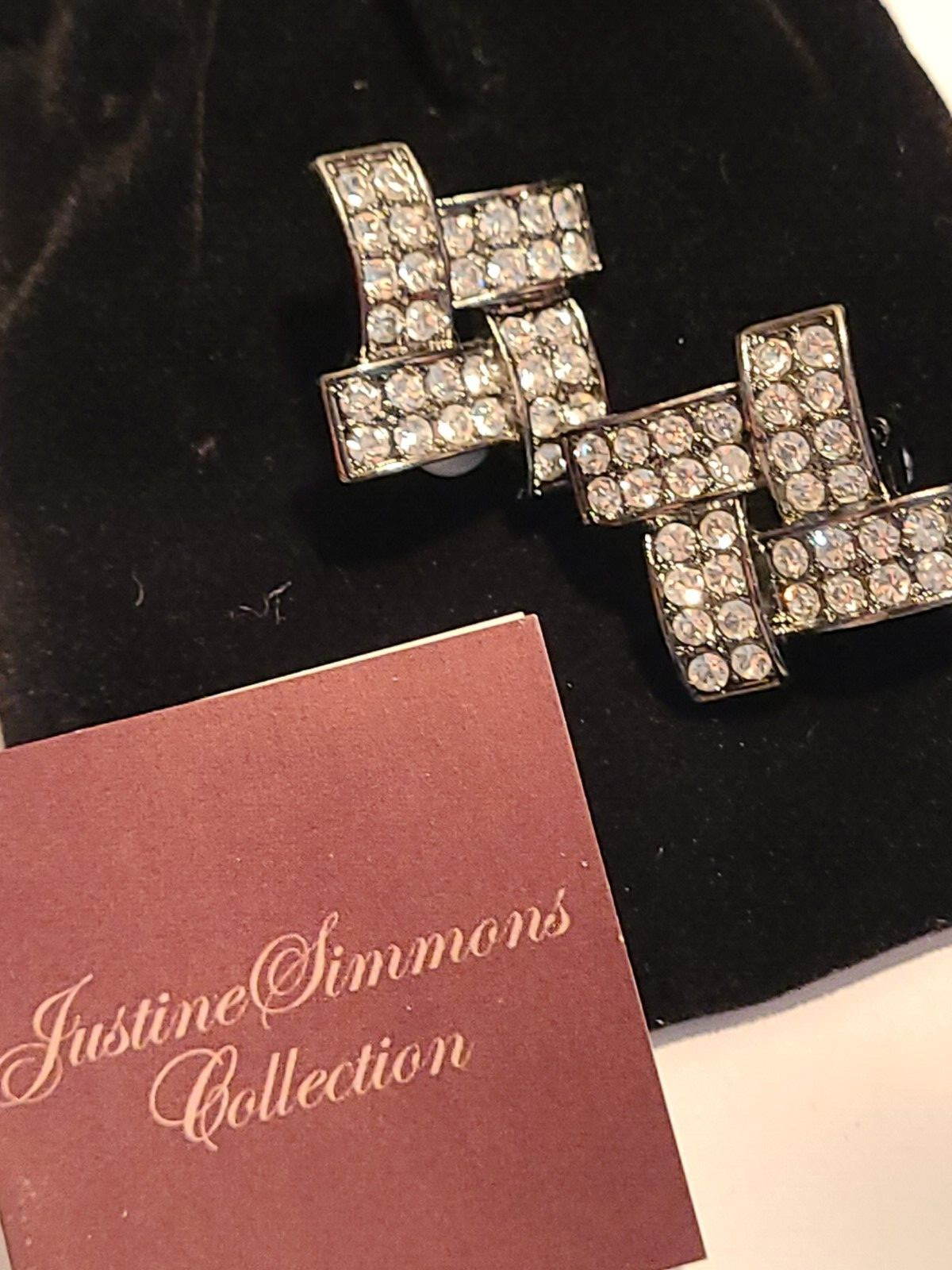 NEW HSN Justine Simmons Clip- On Rhinestone Earrings Hematite Tone Metal NIB