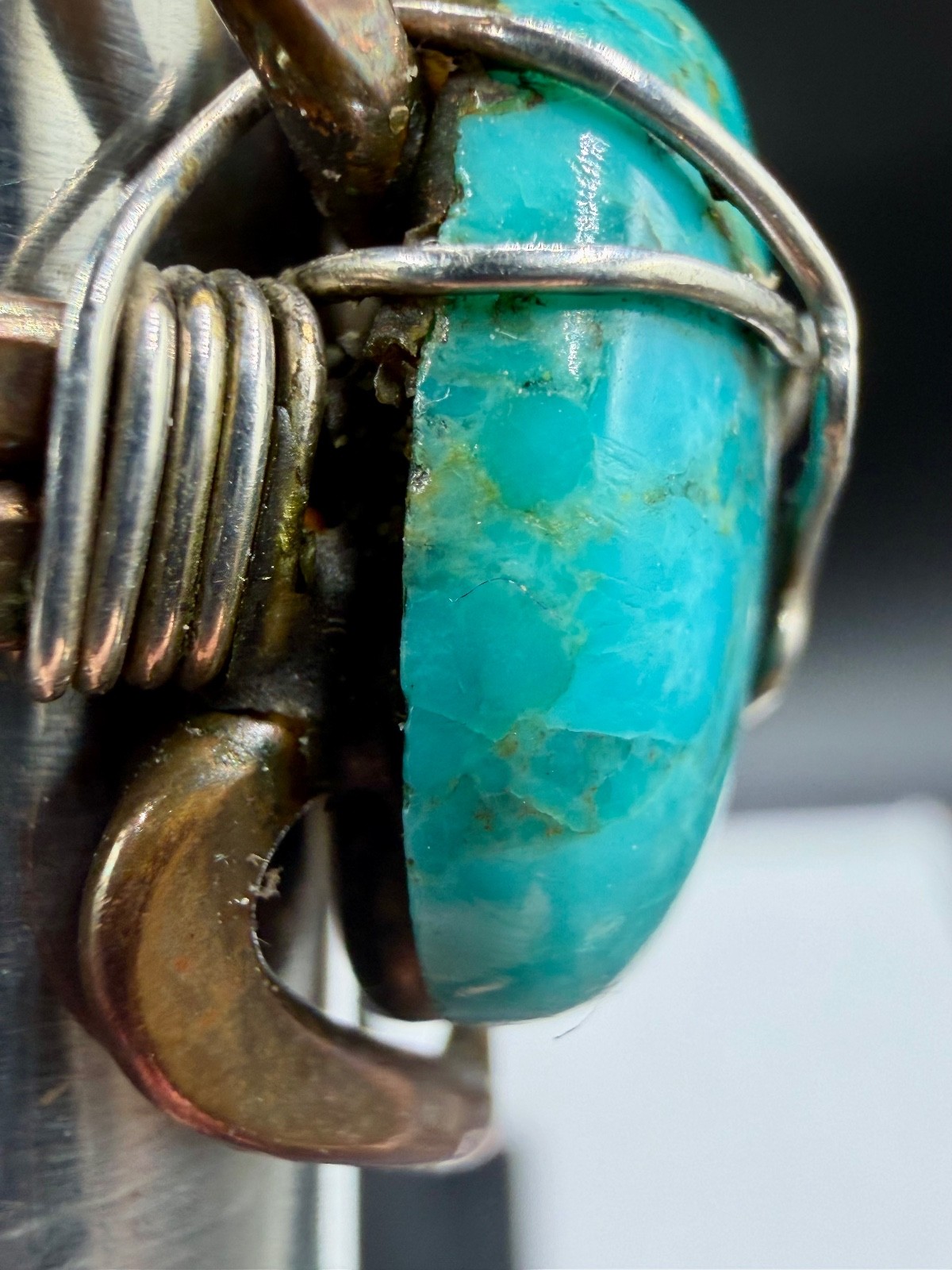 Artisan Mixed-Metal Copper Turquoise Wire Sterling Silver Wrapped Ring Sz 6