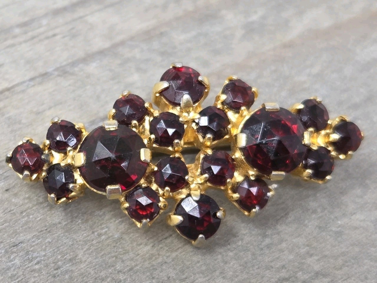 Vintage Czech Red Garnet Rose-Cut Brooch Pin Signed Austria 1.25 Inch Gold Tone