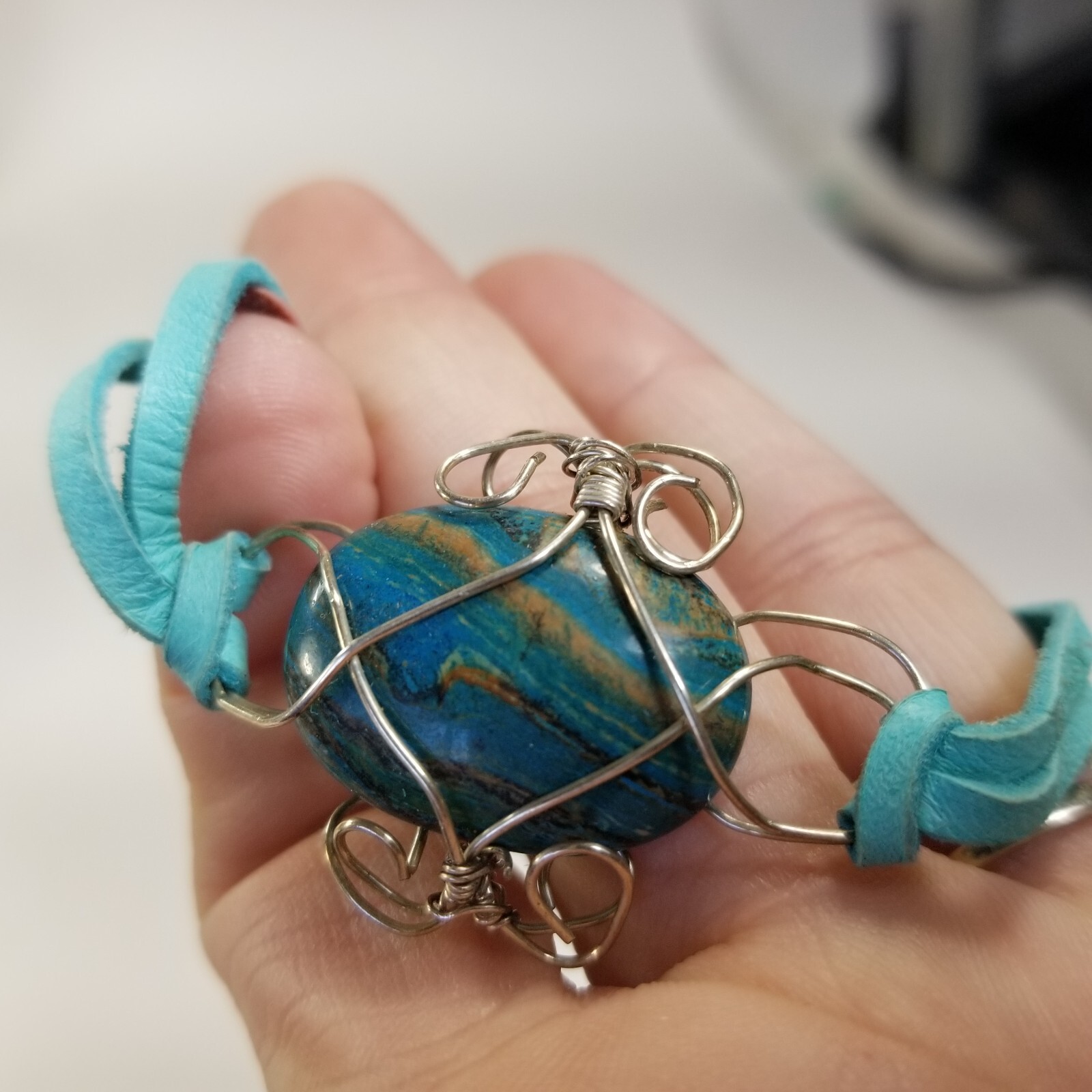 Unique Faux Turquoise Cabochon Silver Tone Bracelet Caged