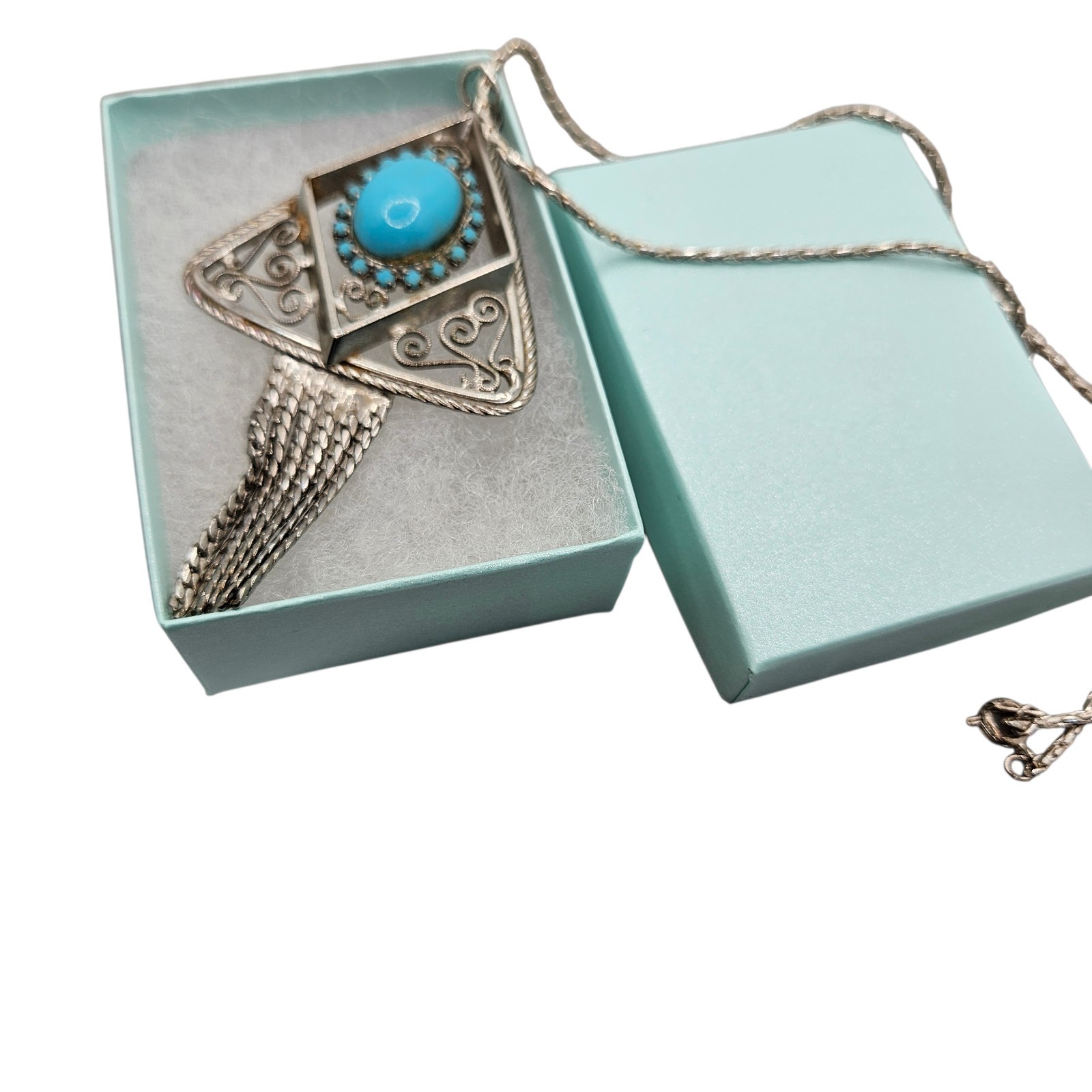VTG Silver Tone Turquoise Color Large Pendant Wheat Chain Necklace Southwest 16″
